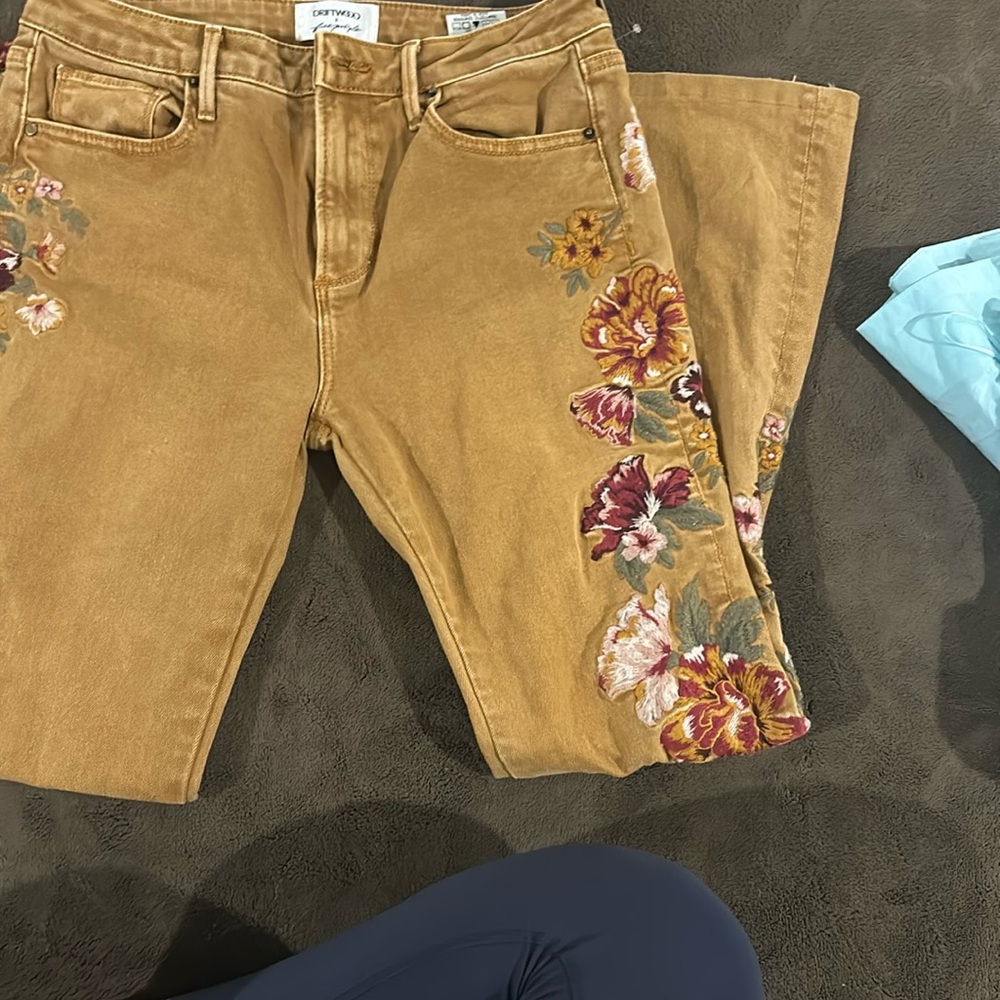 DRIFTWOOD Mustard Straight Leg Jeans with Floral Side Embroidery